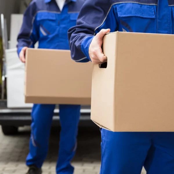 Umzugshelfer transportieren Kisten